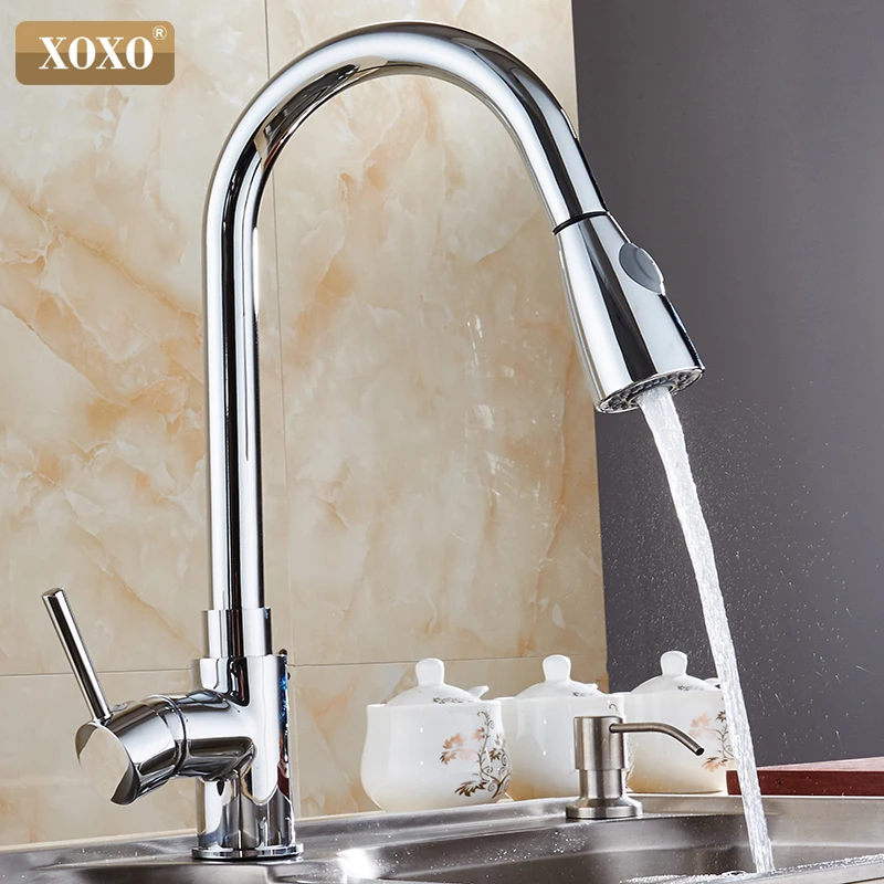  XOXO Kitchen Faucets chrome Single Handle Pull Out Kitchen Tap Single Hole Handle Swivel 360 Degree - 32741945640