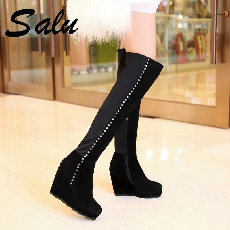 

Salu New Cow Suede Women Warm Autumn Winter Tight High Boots Fashion Solid Quality Riding Shoes Woman Over The Knee Boots