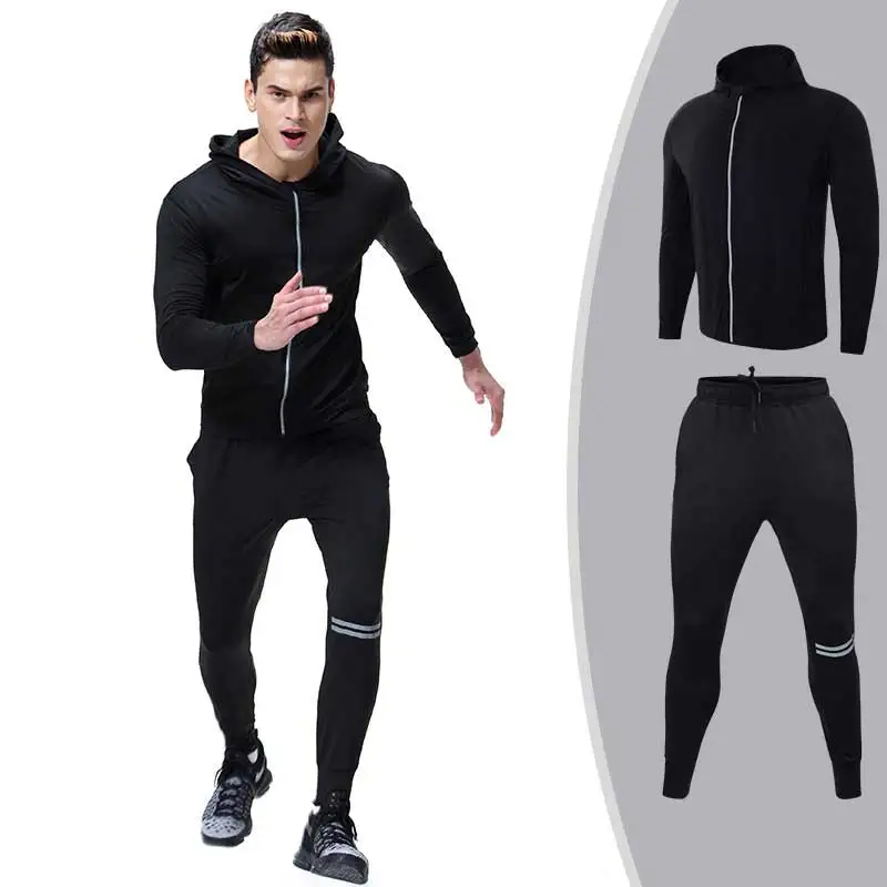 

2 Pieces Men Workout Exercise Sport Running GYM Fitness Sets Coat Sweatshirt Cap Hoodie Top + Sweatpants Clothing E103
