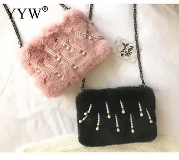 

Plush Crossbody Bag Grey Soft Fur Plastic Pearl Winter Hairy Shoulder Bag Girl Bags Purse Mini Evening Party Fashion Clutch Bags