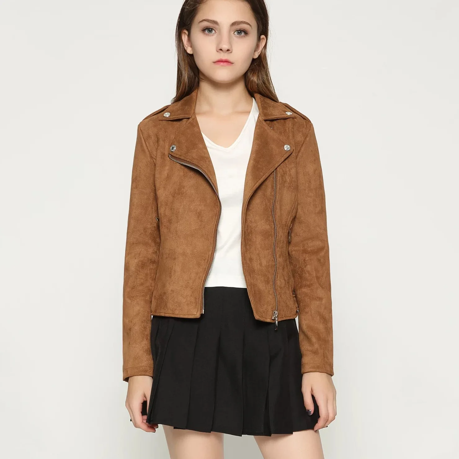 Femmes Revers Casual rouge gris Zipper Marron De Cuir Mode Vêtements Veste En Nouvelle Incliné rose D'hiver Et Suede Automne 2019 wqZHxOYa