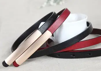 

Women's Abrasive Gold Belts Buckle Metal Narrow Genuine Leather Black Belt for Women Waist Ceinture Femme Luxury Brand Designer