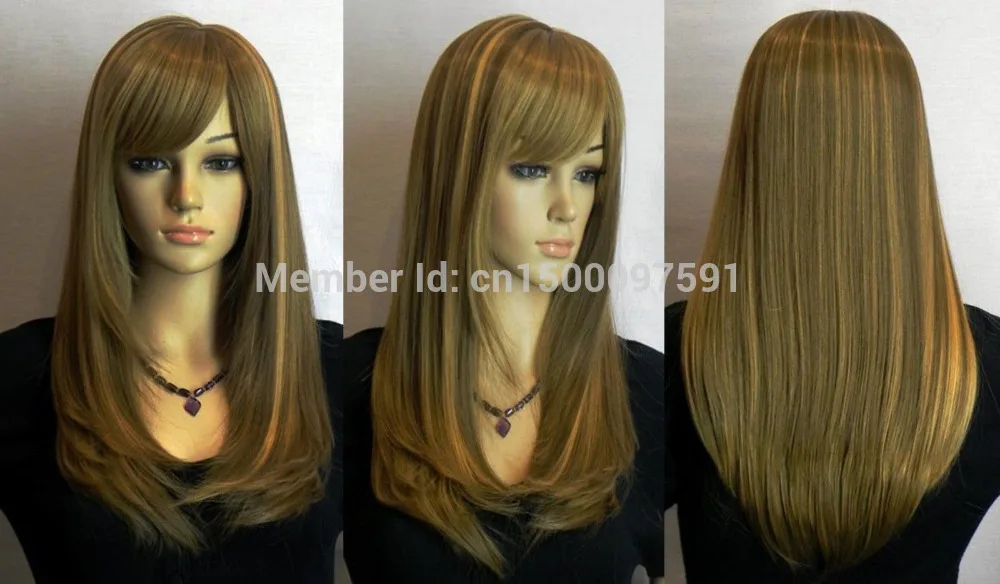Shipping**Gorgeous Blonde Brown Long Straight Oblique Bangs Cosplay Women Hair Full Wig |