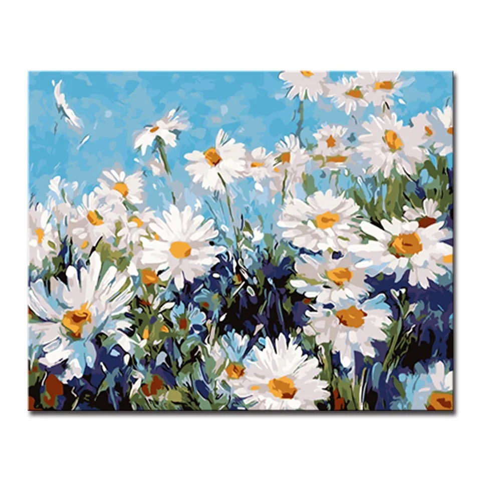 

Frame DIY Oil Painting By Numbers Drawing White Flowers Daisy Pictures Digital Coloring On Abstract Canvas Home Decor Wall Art