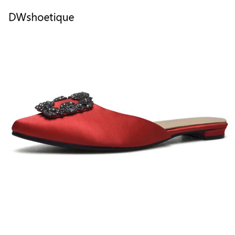 

New bling crystal women mules women summer slippers outdoor silk shoes genuine leather inside 1 cm heels pointed toe