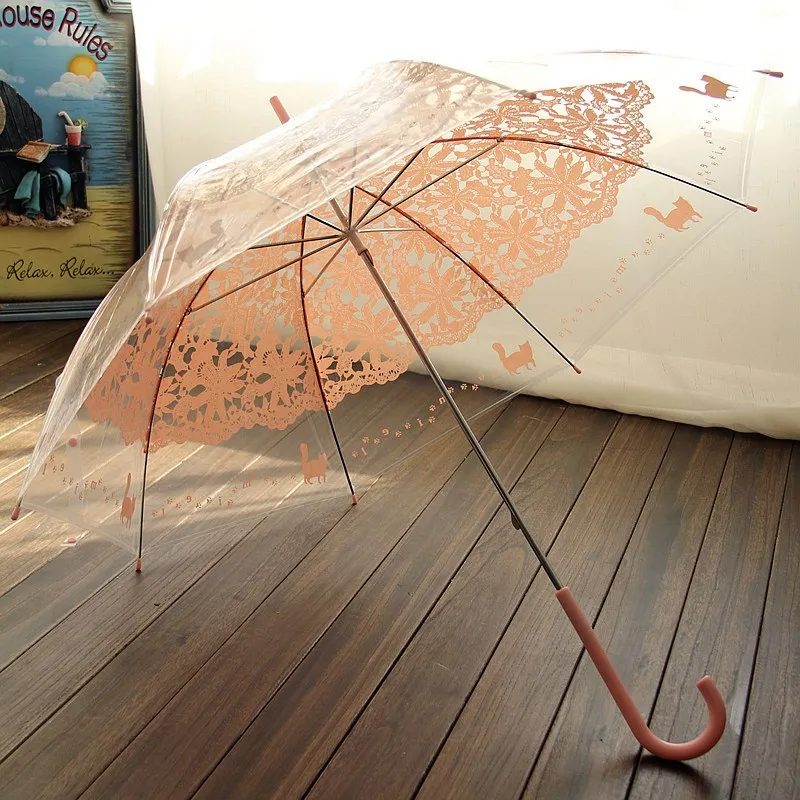 Леди пункт милые маленькие ноги печати кошка имитация кружева цветок принцесса прозрачный зонтик длинная ручка зонтик