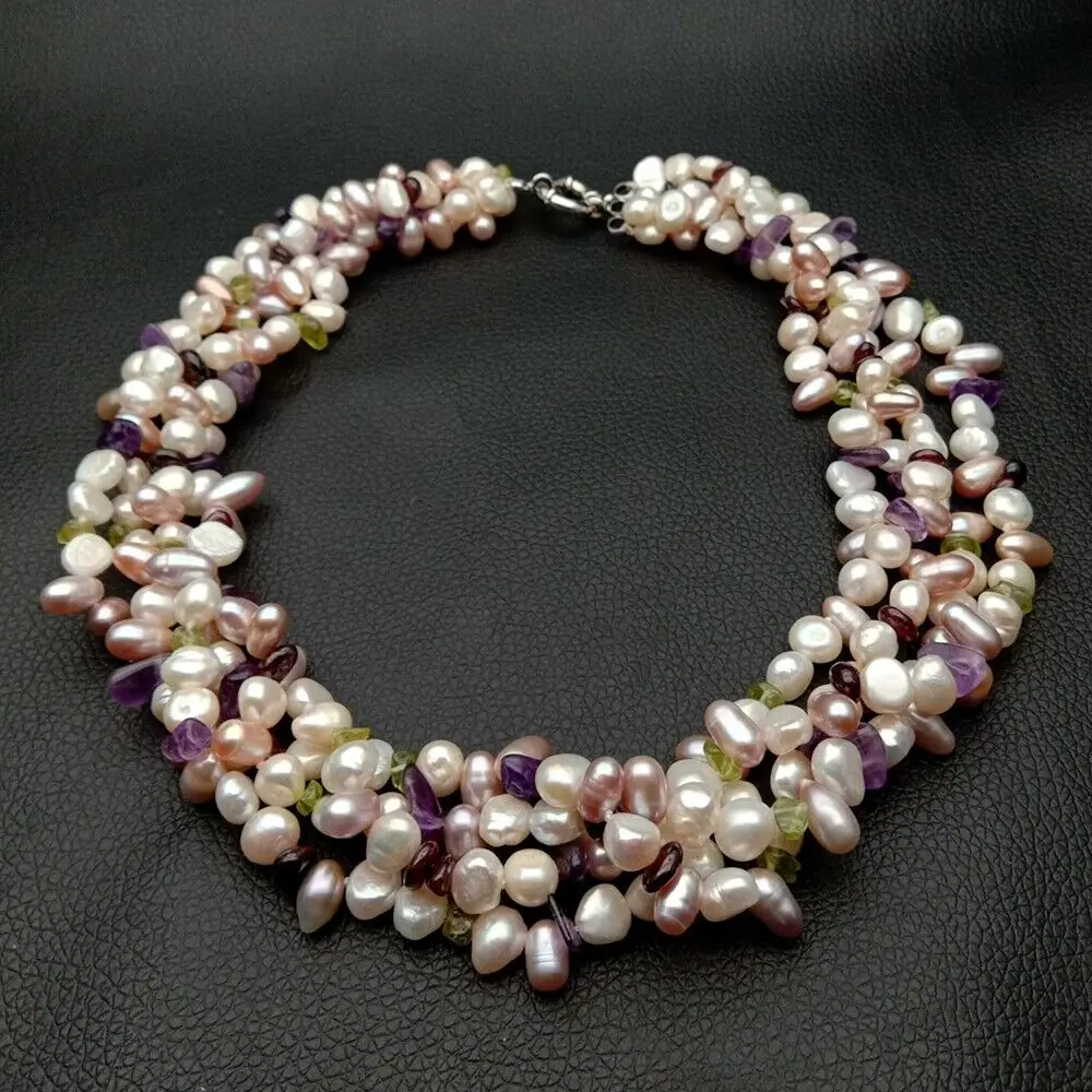 4 Strands 19'' Pearl Gems Stone Garnet Necklace