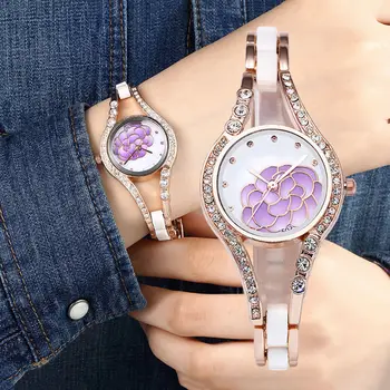 

Hot Women Camellia Dial Slim Band Rhinestone Analog Quartz Dress Wristwatch
