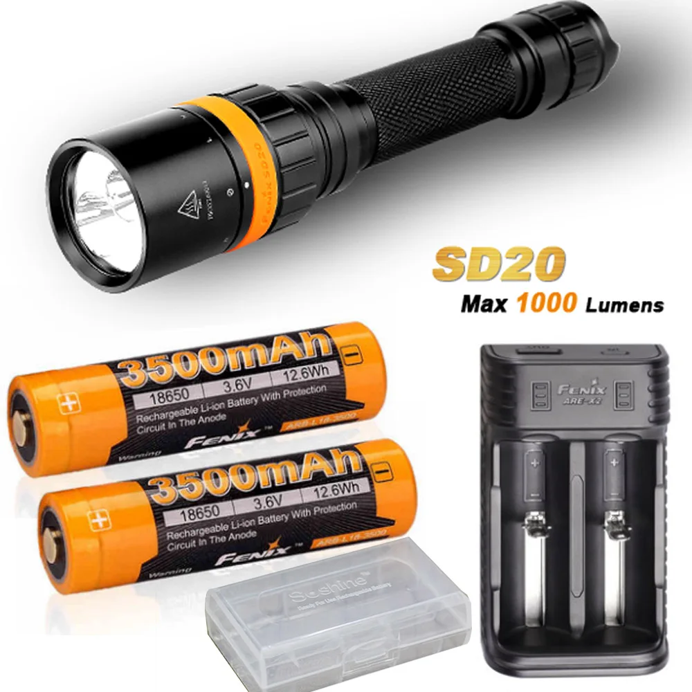 

Fenix SD20 1000 Lumen CREE LED 100 meter submersible Diving Flashlight with 2 x ARB-L18-3500 battery,ARE-X2 charger