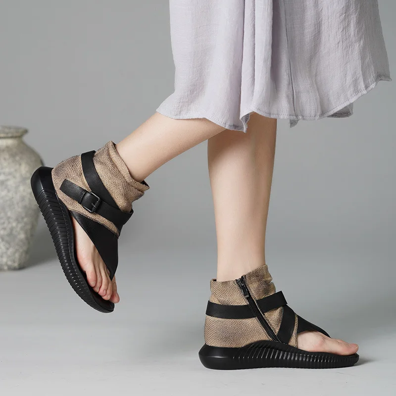

JELLYFOND T-Strap Sandals for Women Summer Ankle Booties Punk Genuine Leather Women Beach Sandals Platform Flat Sandalias Mujer