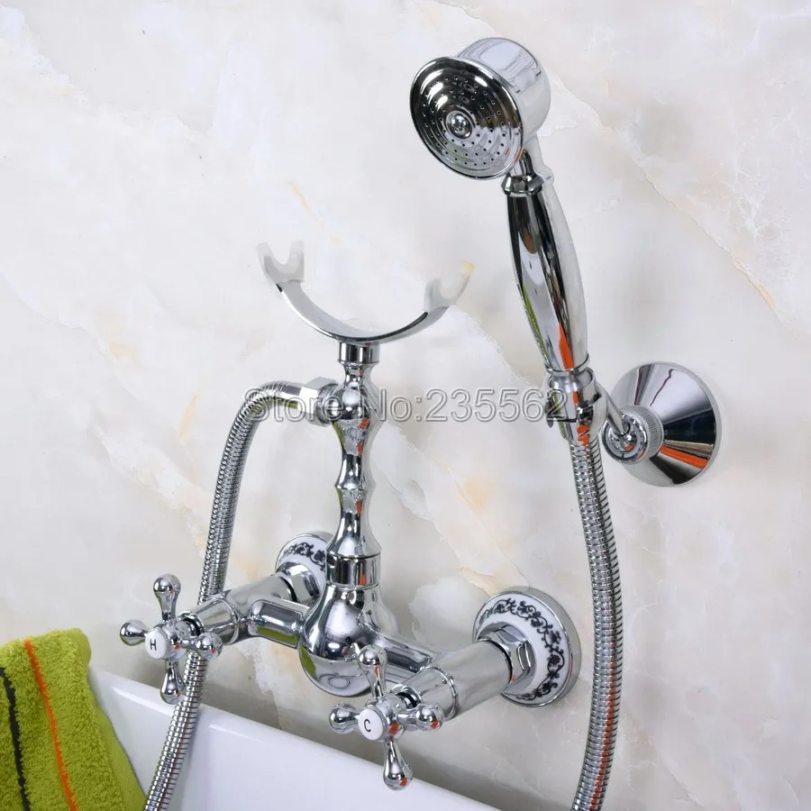 Chrome Bathroom Wall Mounted Clawfoot Bath Tub Faucet Hand showerl lna255
