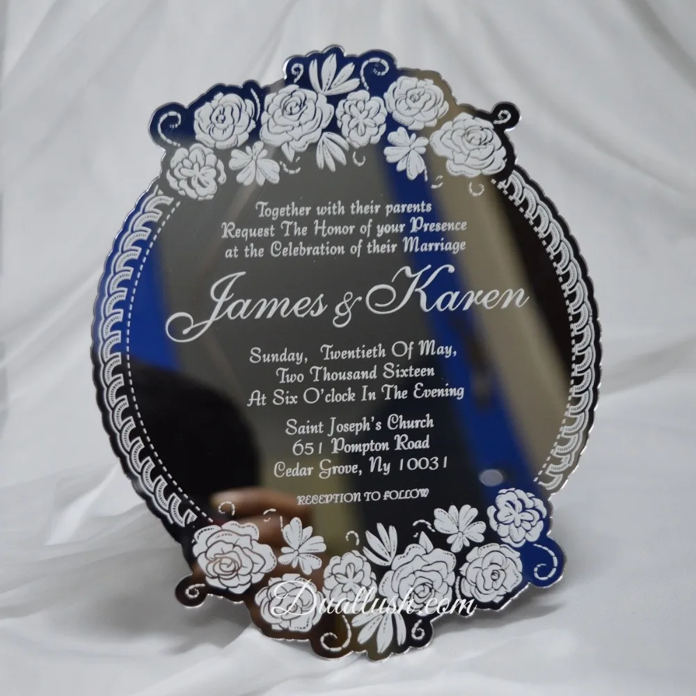 Flower Wedding Acrylic invitation cards, Laser Engraved Mirror Acrylic Wedding,Mirror sliver or mirror, personalize invitation