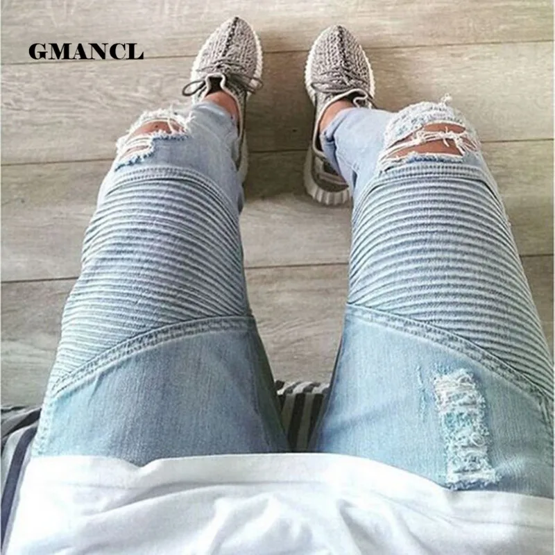 

Mens Skinny Biker Jeans Men 2016 Hi-Street Ripped Rider Denim Jeans Motorcycle Runway Slim Fit Washed Moto Denim Pants Joggers