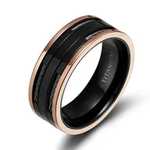 8mm alto brillo negro anillo titanium de los hombres wedding engagement banda con cables de acero inoxidable de joyería de moda masculina bijoux joias