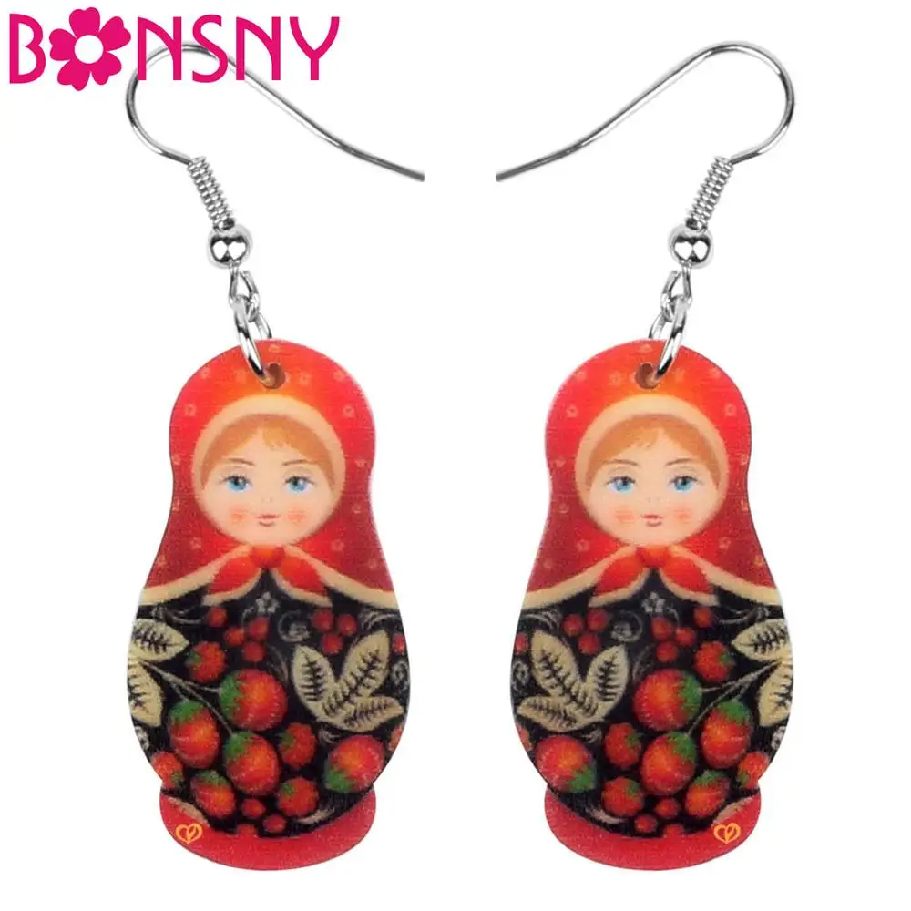 

Bonsny Acrylic Red Fruit Russian Doll Earrings Dangle Drop Fashion Jewelry For Women Girls Lovers Teens Charm Gift Accessories