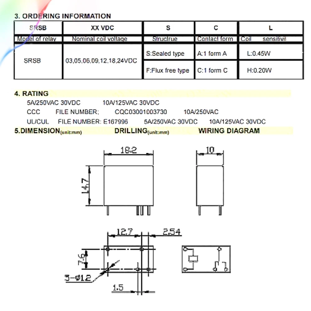 5 шт. 4PIN Мощность реле SRSB-05VDC-SL-A SRSB-12VDC-SL-A SRSB-24VDC-SL-A 5 В, 12 В, 24 В постоянного тока, 5A