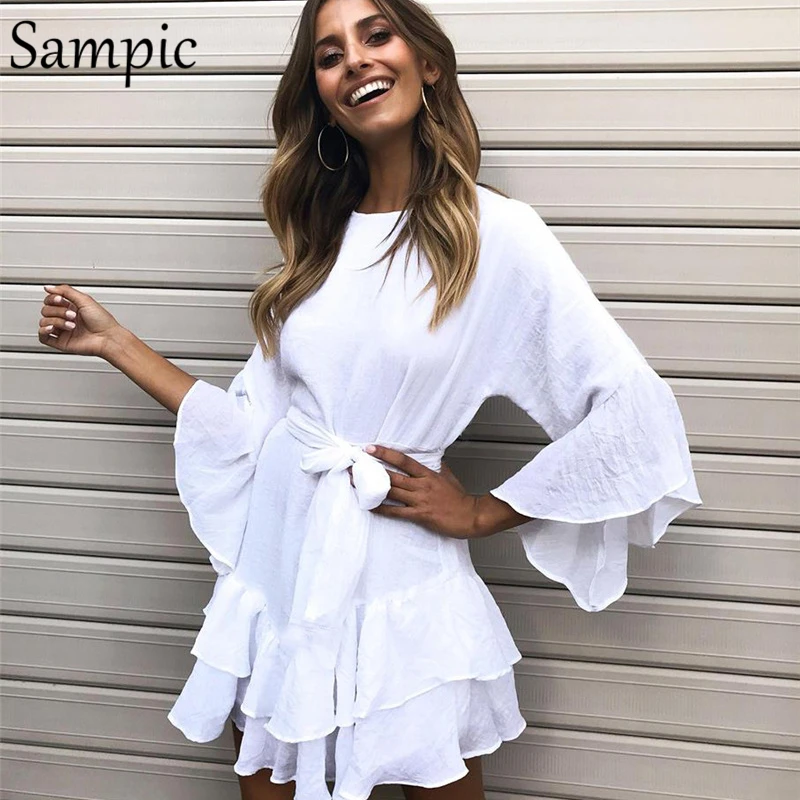 

Sampic woman causal beach solid white loose butterfly sleeve dress o-neck mini elegant ladies summer dress 2019