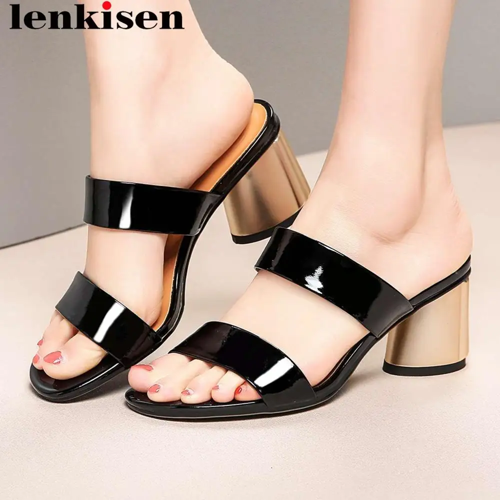 

Lenkisen superstars speical real cow leather peep toe slip on brand mules concise gladiator shoes runway plus size shoes L2f6