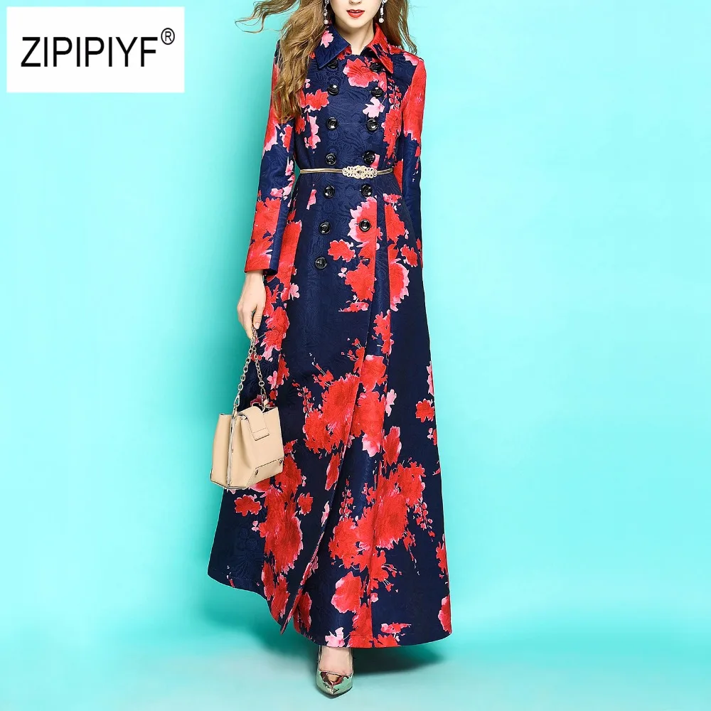 Plus size Women autumn trench Double breasted floral print dobby X long
