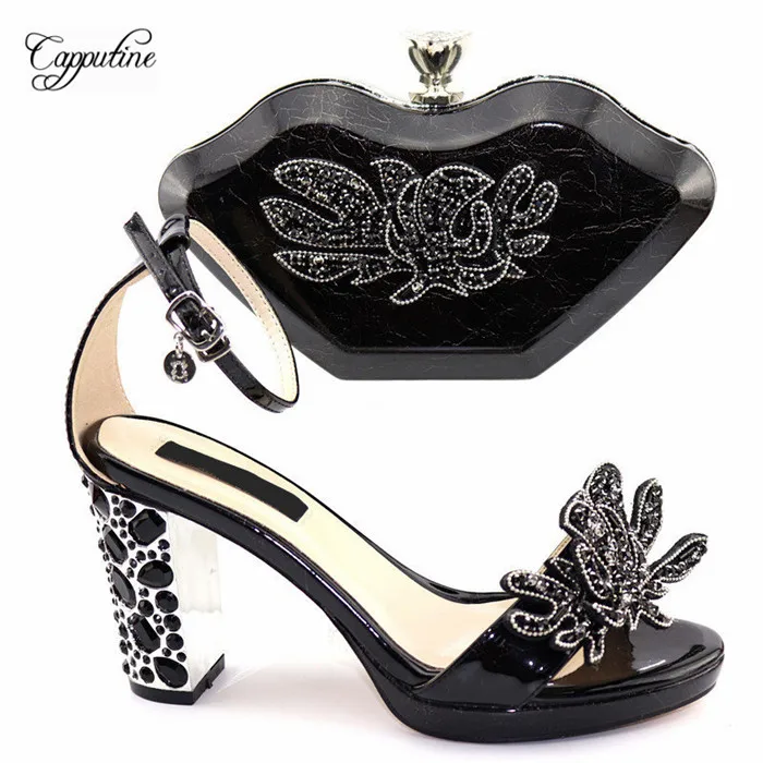 

High class black high heel evening party sandal shoes and handbag set with stones for fashion lady CSB17, heel height 10cm