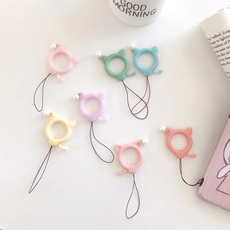 

Cute cat pearl Universal Mobile Phone Ring Finger Strap Charm Lanyard Silicone Macaron Kwaii Loop Phone Unique Soft For IPhone