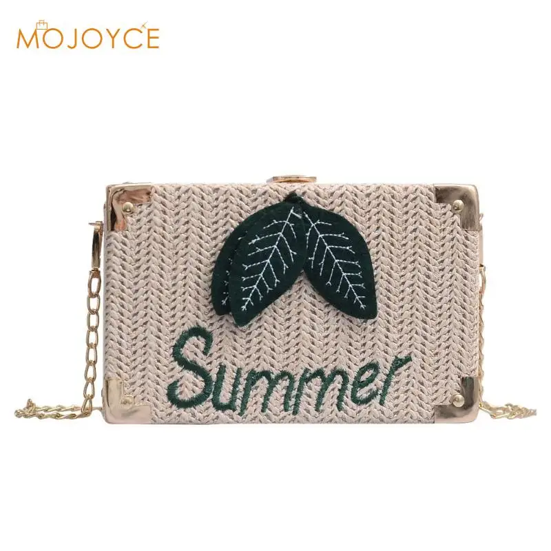 

Straw Leaf Letter Decor Shoulder Handbags Women Chain Box Crossbody Bags Rattan Bag Bucket Leaf Decoration Girls Mini Shoulder