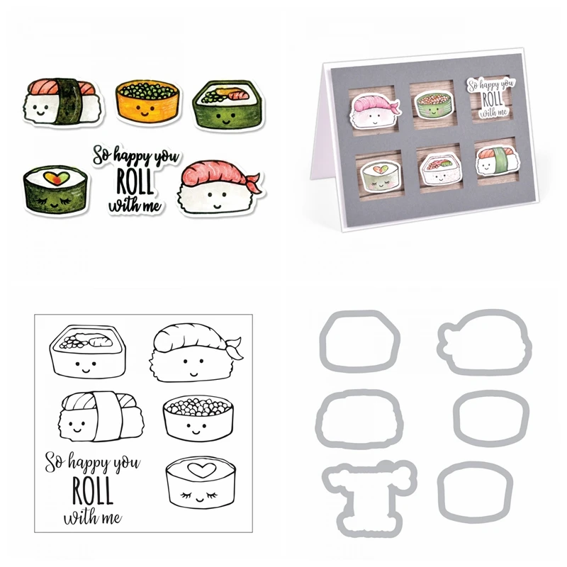 

6 Types Sushi Clear Silicone Stamp With Metal Cutting Dies Stencils For DIY Scrapbooking Decorative Embossing Craft Die Cutting