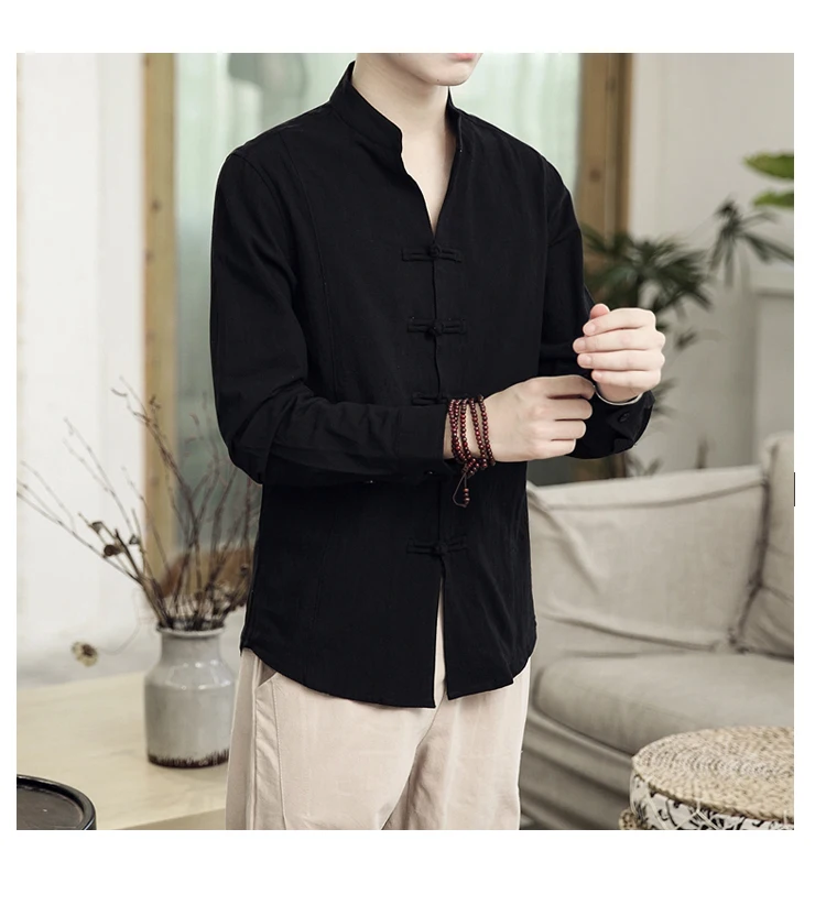 Sinicism Store Men Clothes Man Cotton Linen Casual White Shirts Long Sleeve Shirts Male Chinese Style Solid Shirts