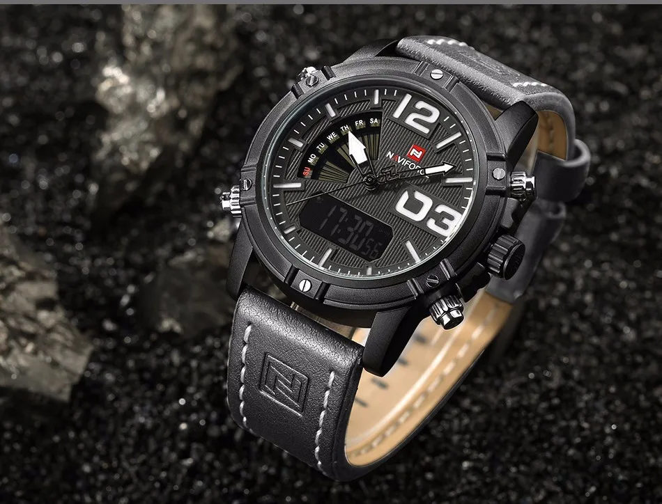 New NAVIFORCE Men Watch Dual Time Zone Alarm LCD Sport Watch Mens Quartz Wristwatch Waterproof Dive Sports Digital Watches