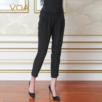 

VOA 2017 Spring New Heavy Medium Silk Harem Pants Women Casual Loose Black Pleated Trousers K5218