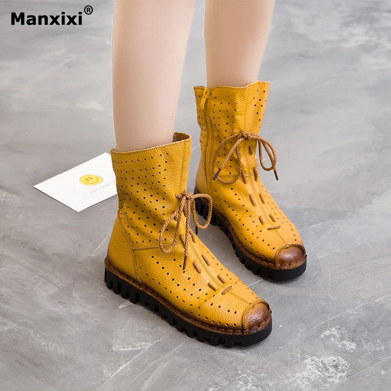 

Women's winter boots 2018 side zipper hand-stitched genuine leather boots breathable hole boots single ankle boots female shoes