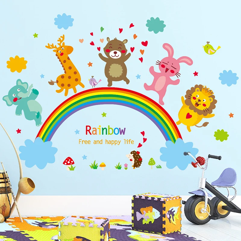 

[shijuekongjian] Cartoon Animals Wall Stickers DIY Creative Rainbow Clouds Mural Decals for Kids Rooms Baby Bedroom Decoration