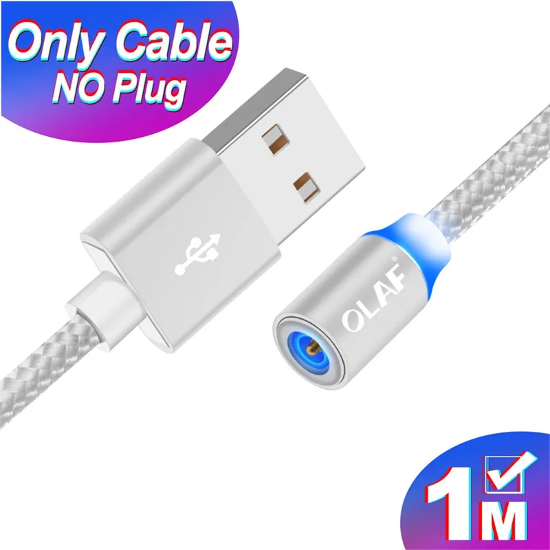 Магнитный Micro USB кабель OLAF 2A Зарядка 1 м 2 м светодиодный магнитный кабель для зарядки и передачи данных для Xiaomi 4X huawei P8 Lite samsung A5 J5 J7 - Цвет: 1M Only Silver Cable