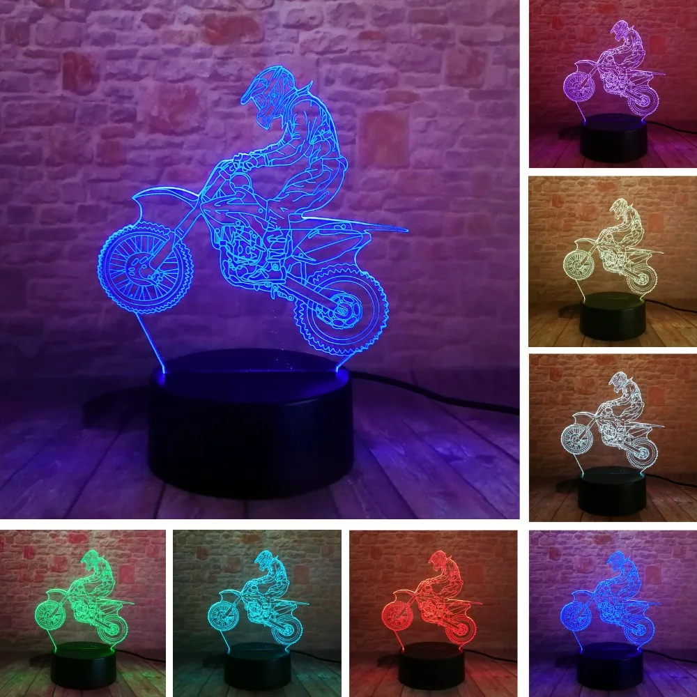 2018 Горячая 3D Lampara Экстремальный мотоцикл LED крутой человек мальчик Ночник стол RGB
