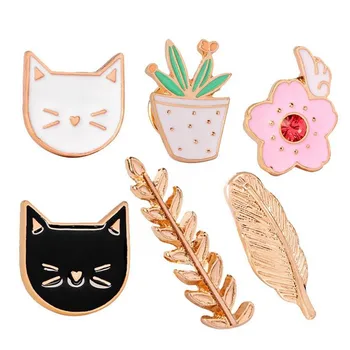 

Enamel Potted Cactus Plants Pink Flower Gold Wheat Leaves and Animal Black White Pet Cat Brooch Pins Alloy Jewelry