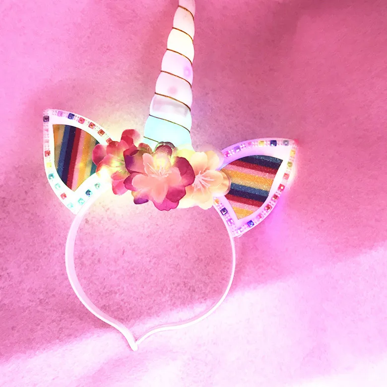 Милый детский светодиодный светильник Радужный Единорог Рог повязка для волос детская шифоновая повязка на голову с единорогом Блестящая лента для волос аксессуары для волос вечерние игрушки
