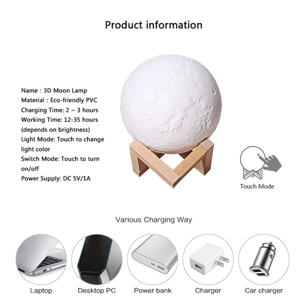 قابلة للشحن 3D طباعة مصباح قمري Usb مسة خفيفة التبديل نوم خزانة أداة المنزل الديكور ذكي شحن USB أداة
