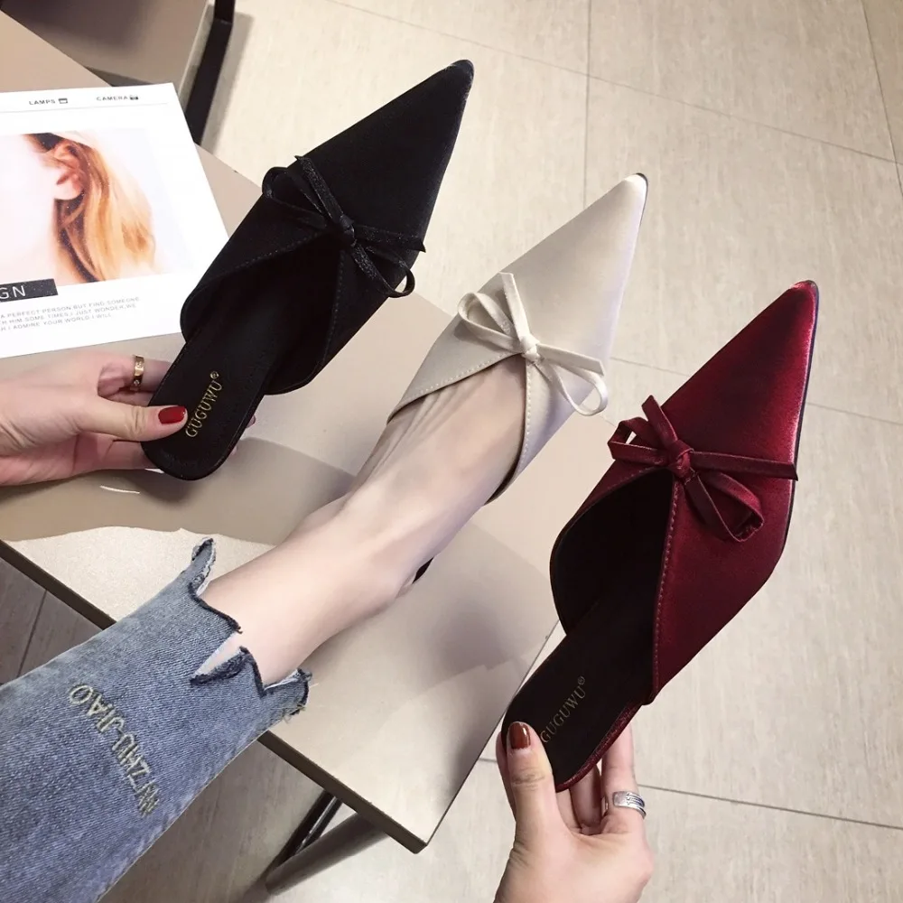 

Cover Toe Slides Shoes Butterfly-knot Flat Slippers Thin Heels Square heel Mules Women Med Fenty Beauty Sliders Pointed 2019