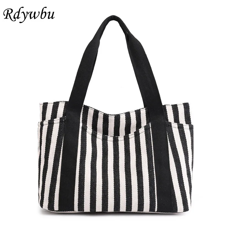 

Rdywbu Women Navy Striped Canvas Shoulder Bag Multi Pockets Summer Tote Handbag Big Capacity Casual Travel Bag Beach Bolsa B663