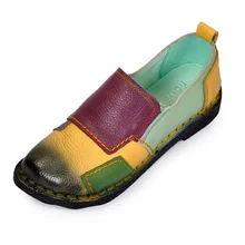 Кожаные туфли в национальном стиле с разноцветными вставками, Повседневная Удобная обувь на плоской подошве