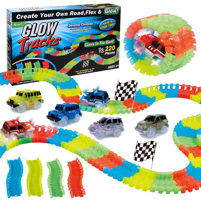 

220 Pieces DIY Race glow Tracks, Flexible Bendable Dark Glow, Assembling Twister Toy Set with 2 LED Flashing Headlights Cars