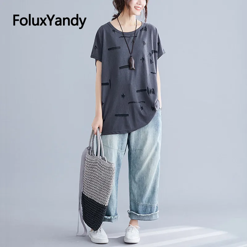 

2019 Summer Cotton Tops Women Plus Size Tops Short Sleeve Hole Oversize T-shirts Gray NQYL124