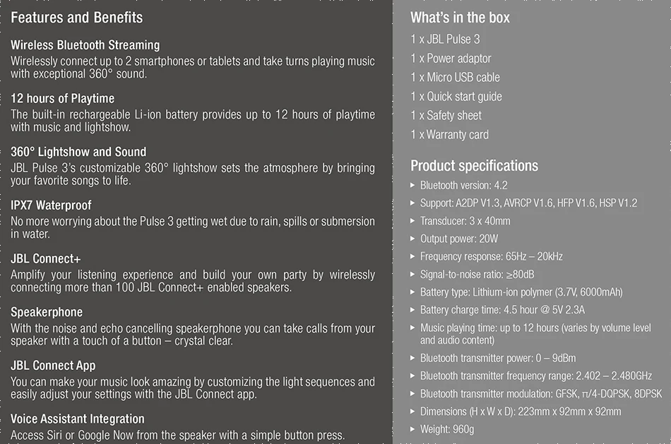 JBL Pulse 3 Spec Sheet English-2