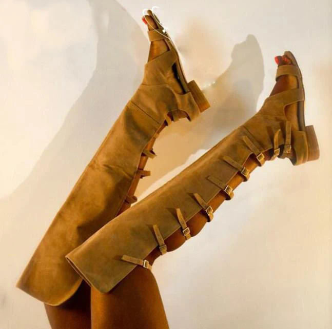 

2017 Summer Newest Suede Over the Knee Boots Sexy Open Toe Buckle Strap Gladiator Sandal Boots Cutouts Flat Boots for Woman