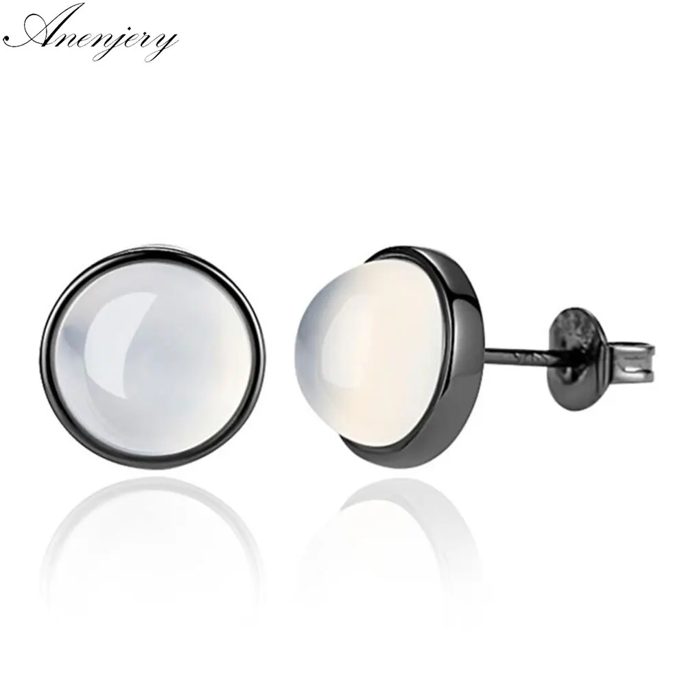 

Anenjery Newest 925 Sterling Silver Earrings Chalcedony Moonlight Stone Black Gold Color Stud Earrings For Women brincos S-E283