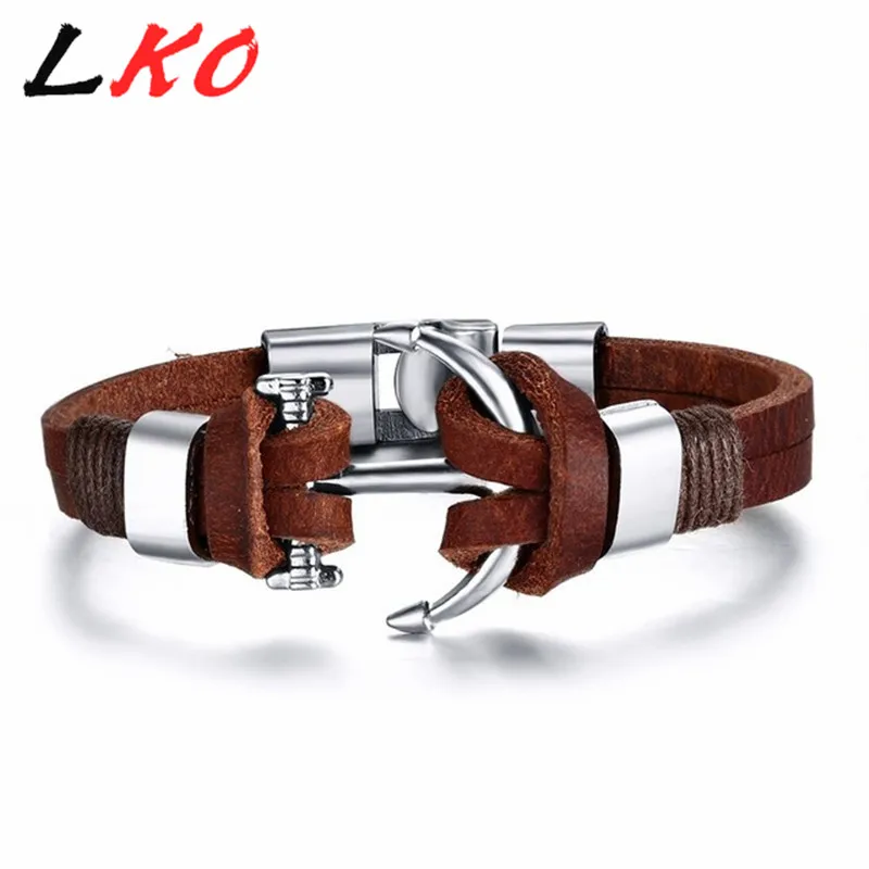 New Arrival Pirate Style Alloy Stainless Steel Anchor Bracelet For Men Genuine Cow Leather Bracelet Jewelry Bracelets & Bangles