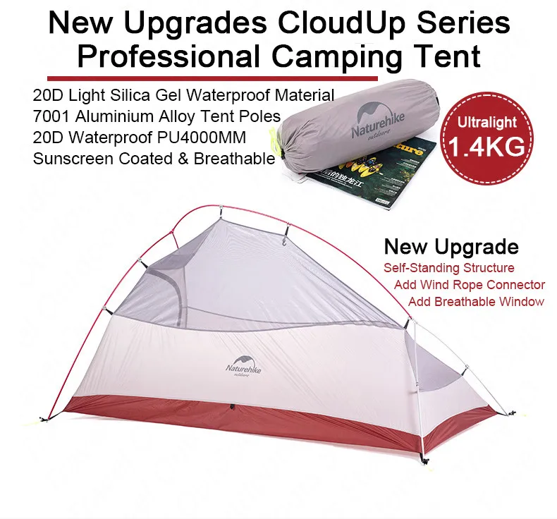 Naturehike палатка обновленная CloudUp Серия 3 человека 20D силиконовый двухслойный алюминиевый полюс Сверхлегкий кемпинговый тент NH18T030-T