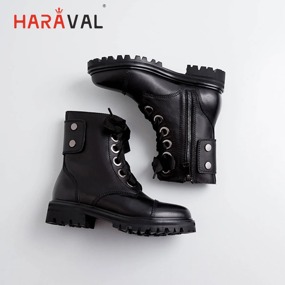 

HARAVAL Handmade Winter Women Ankle Boots Luxury Genuine Leather Round Toe Low Heel Lace-up Shoes Solid Casual Martin Boot B184