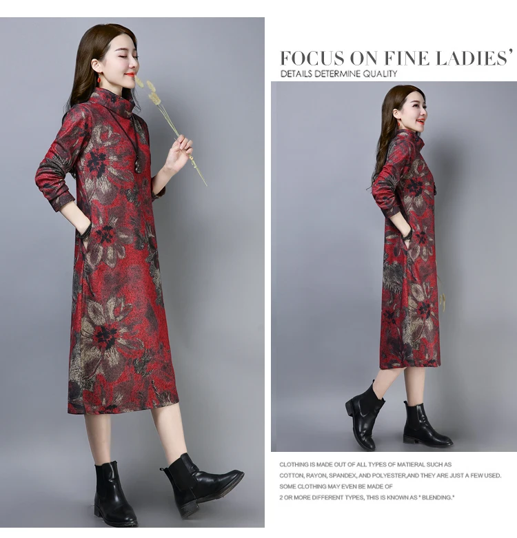 3601 Elegant Plus Size Long Dress 4xl for Women Vintage Turtleneck Thick Wool Floral Print Mon Winter Dresses Women 2018 Ladies 7