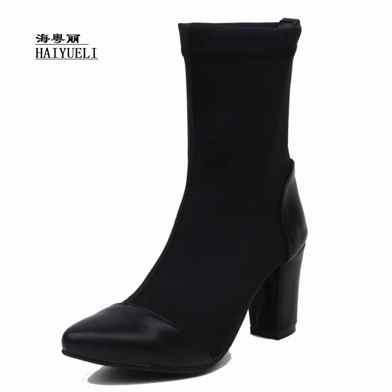 

Autumn Winter Boots Fashion Patchwork Thick Heel High Heels Shoes Ankle Boots